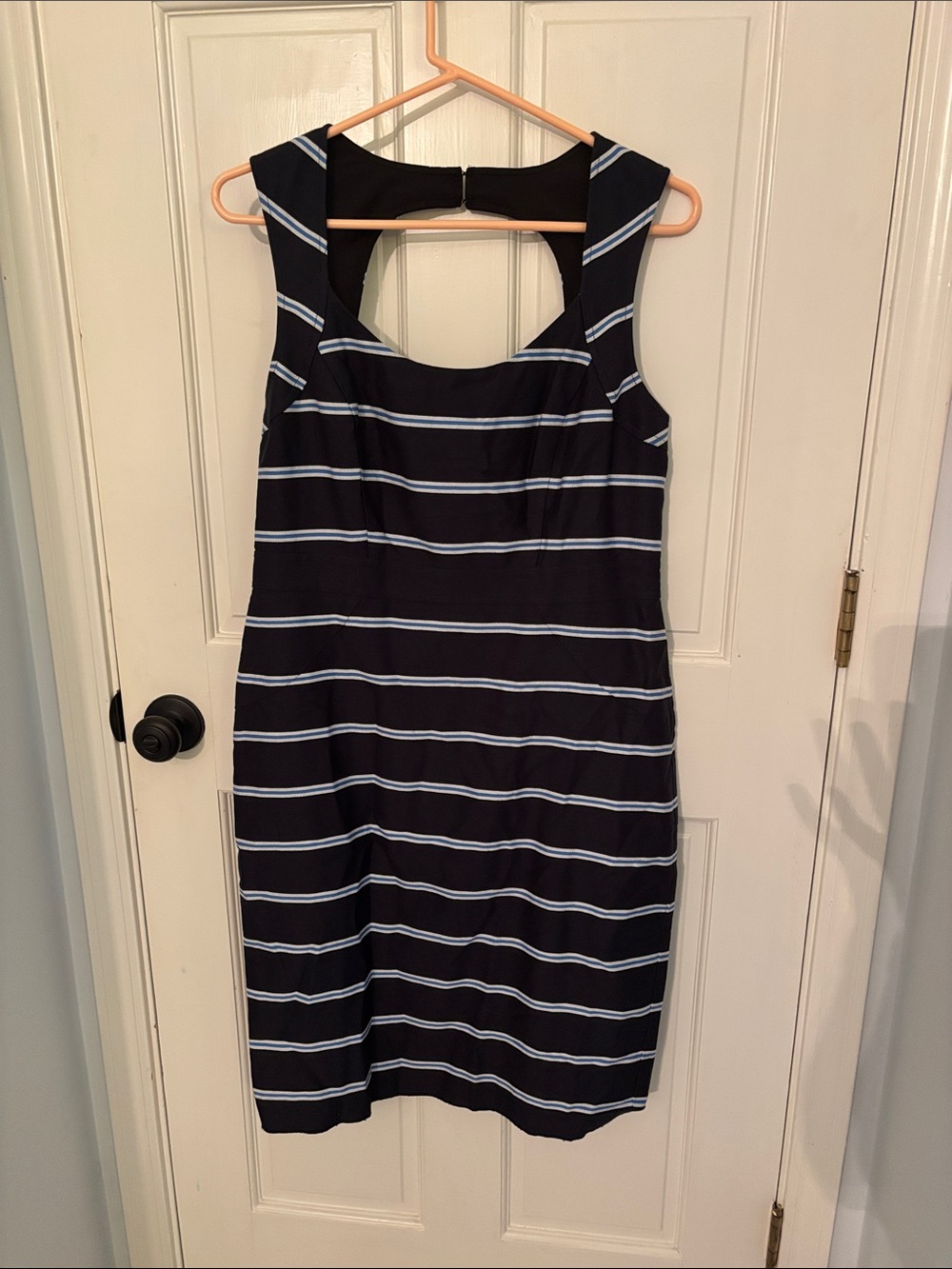Ann Taylor Mini Cap Sleeve Navy Blue Striped Sheath Dress
